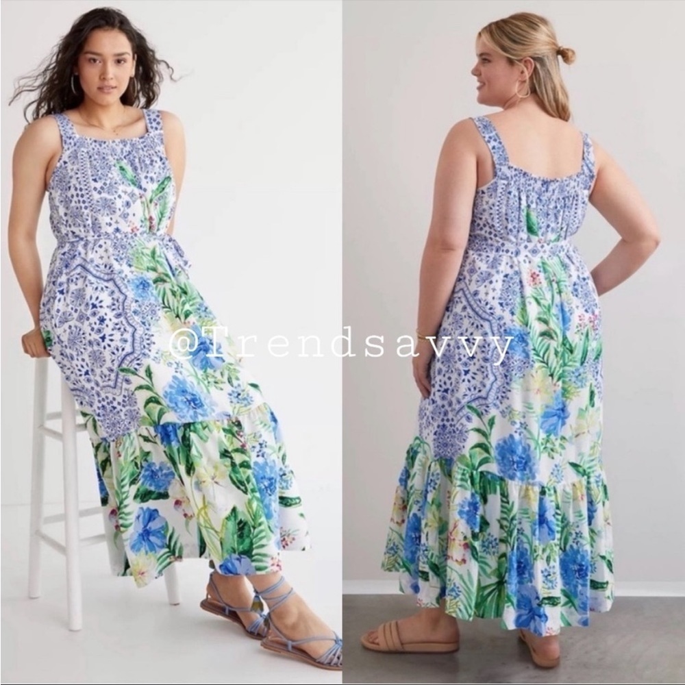 Anthropologie Maeve Bouquet Blue Floral Maxi Dress Small Flounced Hem Resortwear